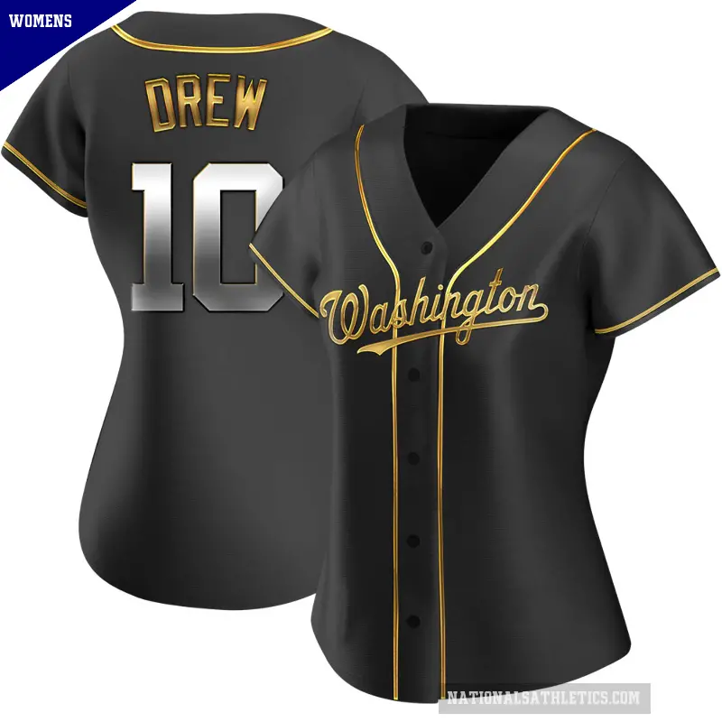 Women's No.10 Stephen Drew Washington Nationals Gold Replica Black en Alternate Jersey